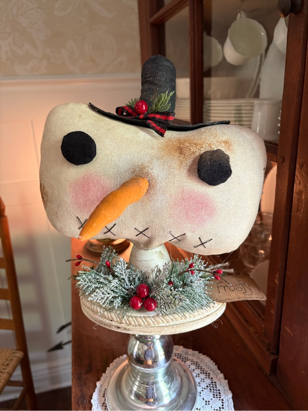 HANDMADE Cream Snowman Head Holiday Decor with Greenery